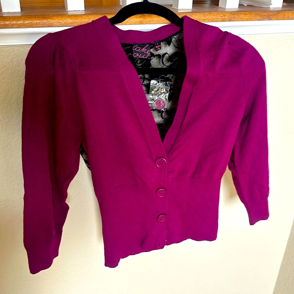 Magenta deep v neck cardigan with lace back. Extra button attached